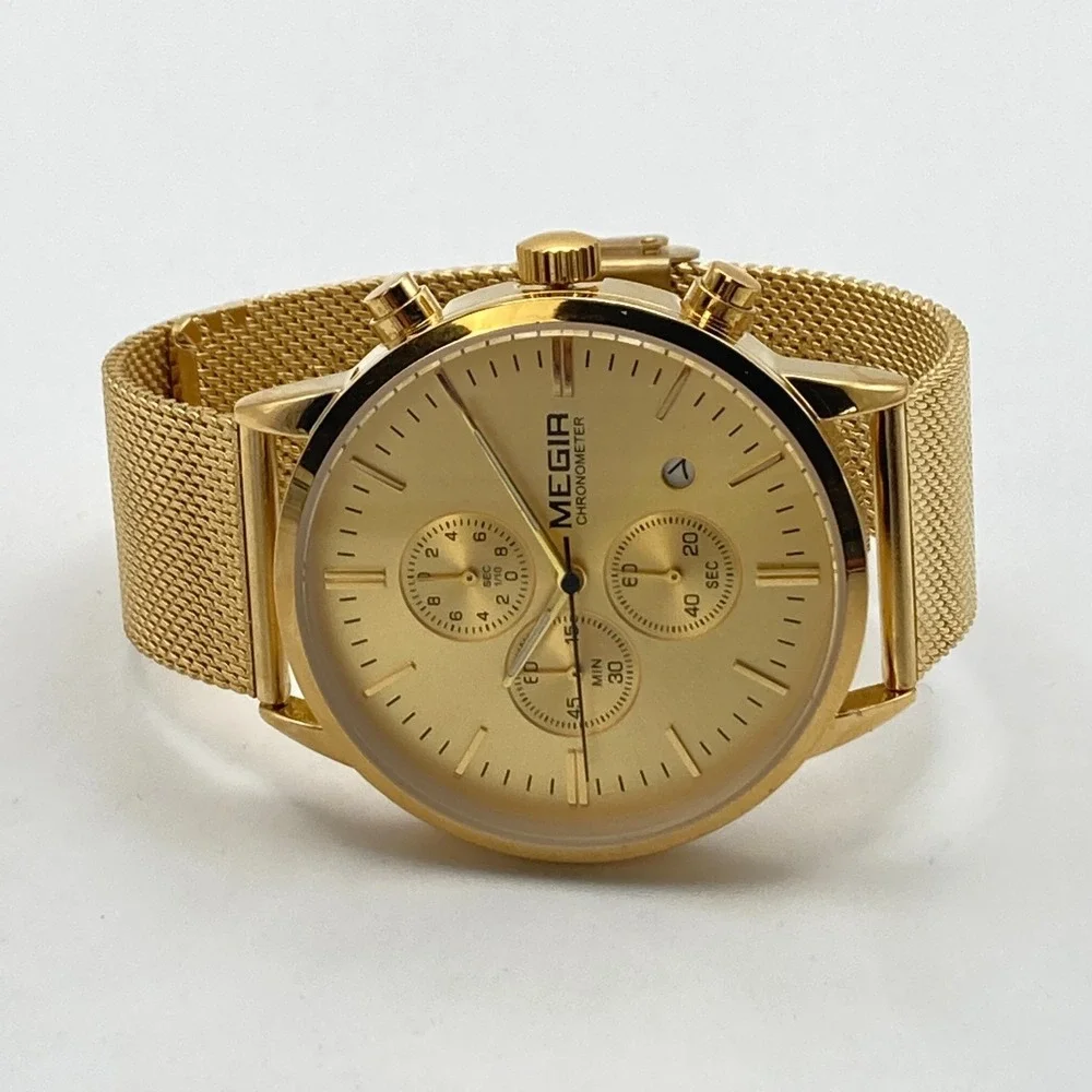Megir Men's Chronograph Watch 43mm Gold Tone Date Mesh Band WR New Battery